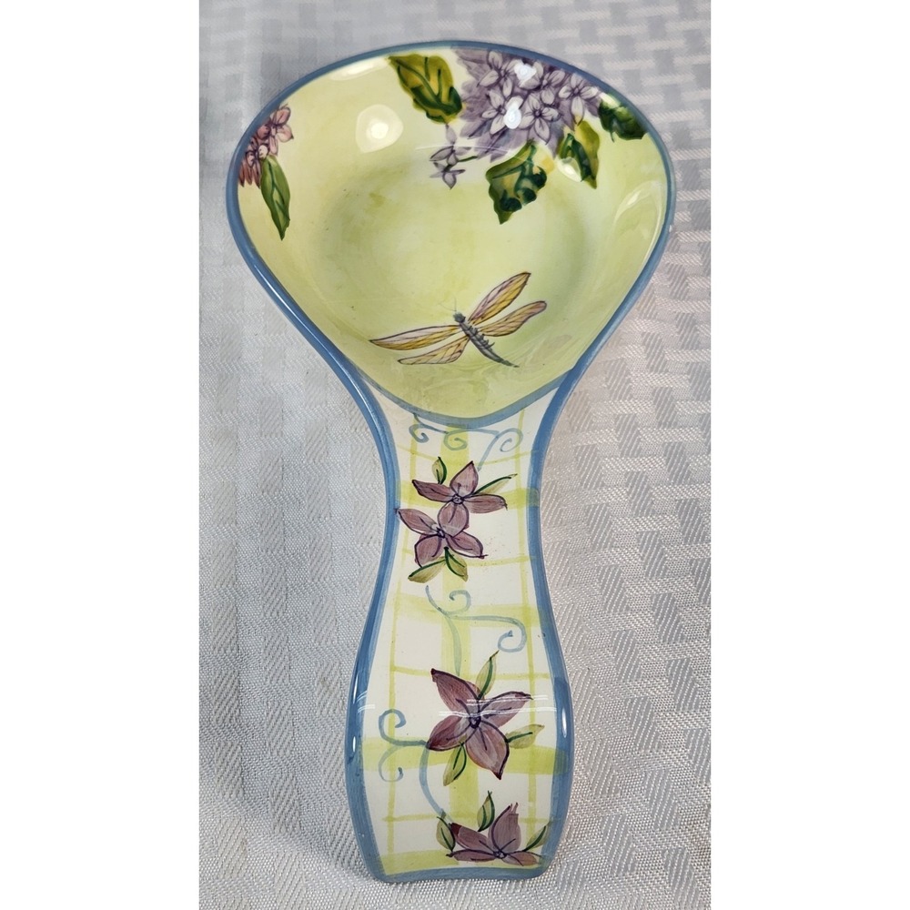 NEW! Zrike Ceramic Spoon Rest Hydrangea Dragonfly Green Plaid Gingham KHL60 RARE